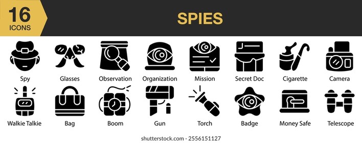 Spies solid icon set. Includes misson, gun, organization, camera, telescope, badge, and More. Solid icons vector collection.