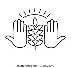 Spike in open hands and sunrise. Save of grain crops. Export and import of wheat. Contour symbol for the protection of nature and the environment. Vector icon