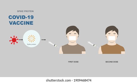 Spike protein based vaccine for covid-19 or coronavirus protection. Illustration of spike protein vaccine in syringe injecting into a man.