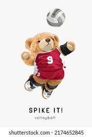 spike it slogan with bear doll volleyball player vector illustration