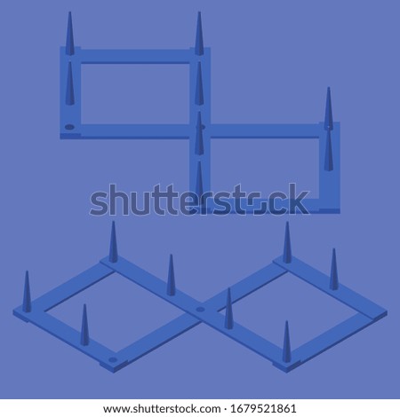 Spike strip isometric. Blue traffic spikes or stinger good for quarantine police concept scenes