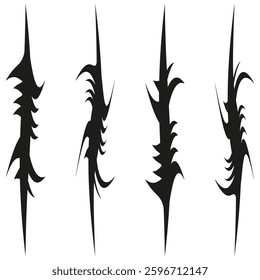 Spike tattoo icons. Black vector symbols. Curved line shapes. White background design.