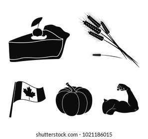 Spike of wheat, a piece of pie with cranberries, pumpkin, national flag.Canada thanksgiving day set collection icons in black style vector symbol stock illustration web.