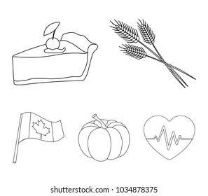 Spike of wheat, a piece of pie with cranberries, pumpkin, national flag.Canada thanksgiving day set collection icons in outline style vector symbol stock illustration web.