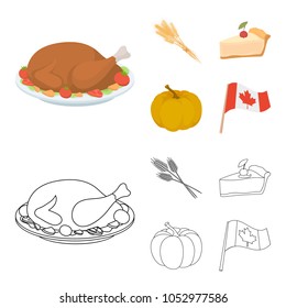 Spike of wheat, a piece of pie with cranberries, pumpkin, national flag.Canada thanksgiving day set collection icons in cartoon,outline style vector symbol stock illustration web.