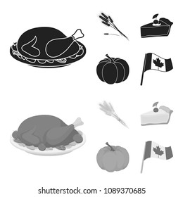 Spike of wheat, a piece of pie with cranberries, pumpkin, national flag.Canada thanksgiving day set collection icons in black,monochrom style vector symbol stock illustration web.