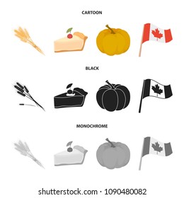 Spike of wheat, a piece of pie with cranberries, pumpkin, national flag.Canada thanksgiving day set collection icons in cartoon,black,monochrome style vector symbol stock illustration web.
