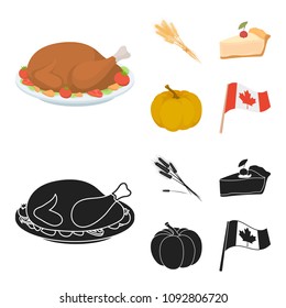 Spike of wheat, a piece of pie with cranberries, pumpkin, national flag.Canada thanksgiving day set collection icons in cartoon,black style vector symbol stock illustration web.