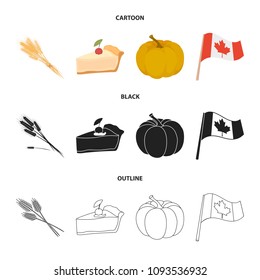 Spike of wheat, a piece of pie with cranberries, pumpkin, national flag.Canada thanksgiving day set collection icons in cartoon,black,outline style vector symbol stock illustration web.