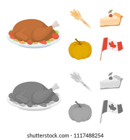 Spike of wheat, a piece of pie with cranberries, pumpkin, national flag.Canada thanksgiving day set collection icons in cartoon,monochrome style vector symbol stock illustration web.