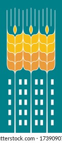 Spike, wheat, rye, agricultural crop and city houses in negative space. Concept of urban farming, agriculture, gardening, locally grown food, inner city. Logo. Vector illustration in flat style.