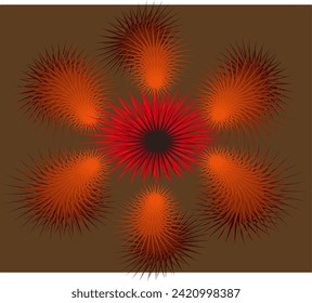  spiked brown abstract creatures in 3d, wallpaper background, multi overlapping layers and shades surrounding a red spiked flower