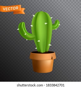 Spiked green cactus in a brown ceramic pot with a crack. Vector illustration isolated on a transparent background