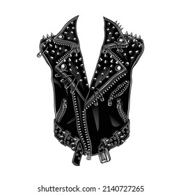 Spiked leather jacket template. Vector illustration in engraving technique of biker jacket with spikes and pins. Isolated on white.