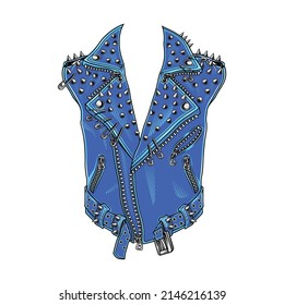 Spiked leather jacket template. Vector illustration in engraving technique of blue biker jacket with spikes and pins. Isolated on white.