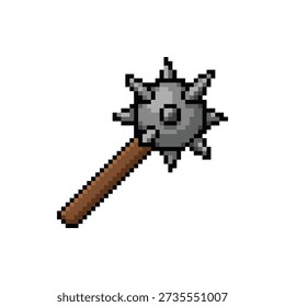 Spiked mace pixel art sprite with wooden handle and grey iron head for combat