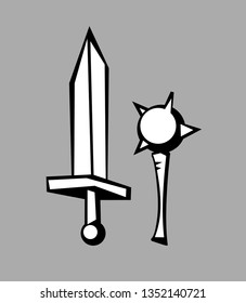 Spiked Mace and sword. Set for logo or illustrations