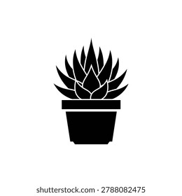 Spiked rosette plant in a small pot, succulent icon, black filled