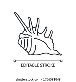 Spiked seashell pixel perfect linear icon. Thin line customizable illustration. Conchology contour symbol. Empty molluscan conch with spikes vector isolated outline drawing. Editable stroke