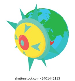 Spiked shield icon isometric vector. Bright spiked shield on planet background. Protection concept, historical period