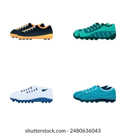 Stachelige Sneaker-Icons setzen Cartoon-Vektorgrafik. Verschiedene Fußballschuhe. Sportgeräte