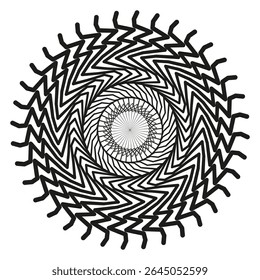 Forma espiral enriquecida. Padrão de folha afiada. Ilusão óptica redonda. Design abstrato do vetor.
