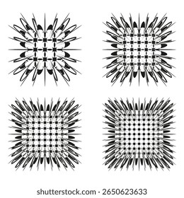Spiked square patterns. Distorted grid forms. Chaotic geometric shapes. Vector abstract elements.