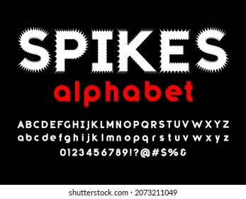 spiked style alphabet design with uppercase, lowercase, numbers and symbols