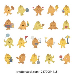 Spikelet character set in scandinavian style showing many different emotions and poses including farming, harvest, cooking, studying, reading, birthday, holiday, celebration, magic, education