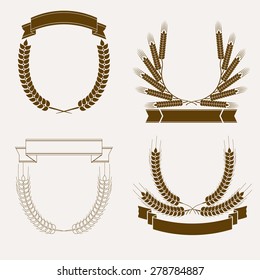 Spikelet wreaths with ribbons. Logo for bakery, farm, Brewery craft label, Beer house emblem, Pub sign - vector illustration