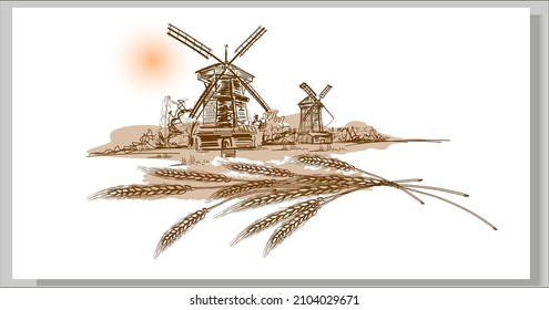 Spikelet.Mill. Windmill sketch.Graphic Hand-drawn illustration.Village landscape. Isolated on white background.Vector.Sketch.