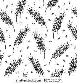 Espinillas y granos de trigo, vectores sin soldadura. Esquema dibujado. Diseño en el tema de productos de panadería, harina, cosecha. Ornamento de textura de centeno.