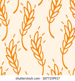 Spikelets and grains of wheat, vector seamless pattern. Outline drawn. Design on the theme of bakery products, flour, harvest. Ornament. Agro culture.