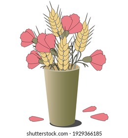Spikelets and pink flowers in a paper cup. Vector illustration