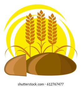 Spikelets, round bread, slice of bread against the sun and sun on a white background