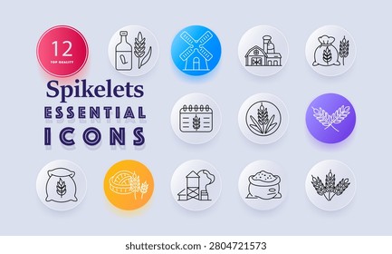 Spikelets set icon. Glass bottle, cereal stalk, wooden windmill, farmhouse structure, grain storage, harvest calendar, botanical emblem, crossed wheat, flour sack, bakery pretzel, farming silo