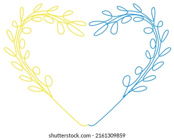 Spikelets in the shape of a heart in blue and yellow in one line on a white background. The concept of Ukrainian unity and culture. Stock vector image.
