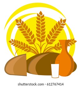 Spikelets, slice of bread, jug and glass of milk against the sun and sun on a white background