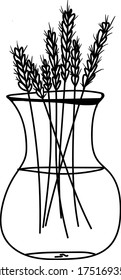 Spikelets in a vase. Flowers in a glass vase. Doodle illustration.Black white spikelets, flowers.