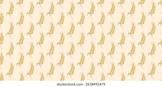 Spikelets of wheat background. Cereal harvest. Continuous field of ears seamless pattern. Natural agricultural print. Vector graphics