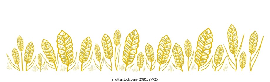 Spikelets of wheat in the foreground. Hand drawn vector sketch.