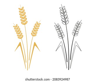 Spikelets of wheat isolated on white. Color and black and white image. Design element. Vector illustration in flat style