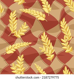 Spikelets of wheat lie on a curved checkered fabric. Red and yellow colors. Vector seamless pattern.