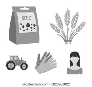 Spikelets of wheat, a packet of seeds, a tractor, gloves.Farm set collection icons in monochrome style vector symbol stock illustration web.