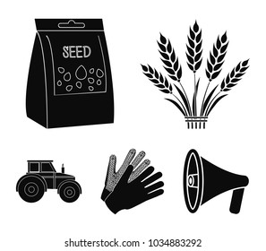 Spikelets of wheat, a packet of seeds, a tractor, gloves.Farm set collection icons in black style vector symbol stock illustration web.