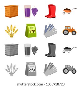 Spikelets of wheat, a packet of seeds, a tractor, gloves.Farm set collection icons in cartoon,monochrome style vector symbol stock illustration web.
