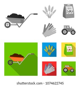 Spikelets of wheat, a packet of seeds, a tractor, gloves.Farm set collection icons in monochrome,flat style vector symbol stock illustration web.