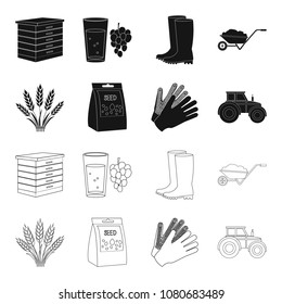 Spikelets of wheat, a packet of seeds, a tractor, gloves.Farm set collection icons in black,outline style vector symbol stock illustration web.