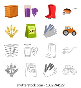 Spikelets of wheat, a packet of seeds, a tractor, gloves.Farm set collection icons in cartoon,outline style vector symbol stock illustration web.