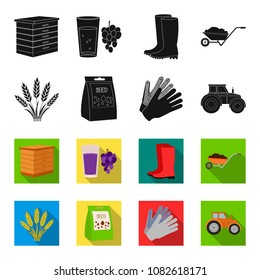 Spikelets of wheat, a packet of seeds, a tractor, gloves.Farm set collection icons in black,flet style vector symbol stock illustration web.